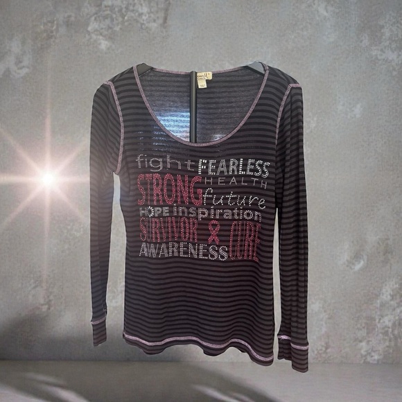 ONE WORLD Tops - One World Live & Let Live Striped Black and Pink Lg Slv Top W Sm Breast Cancer